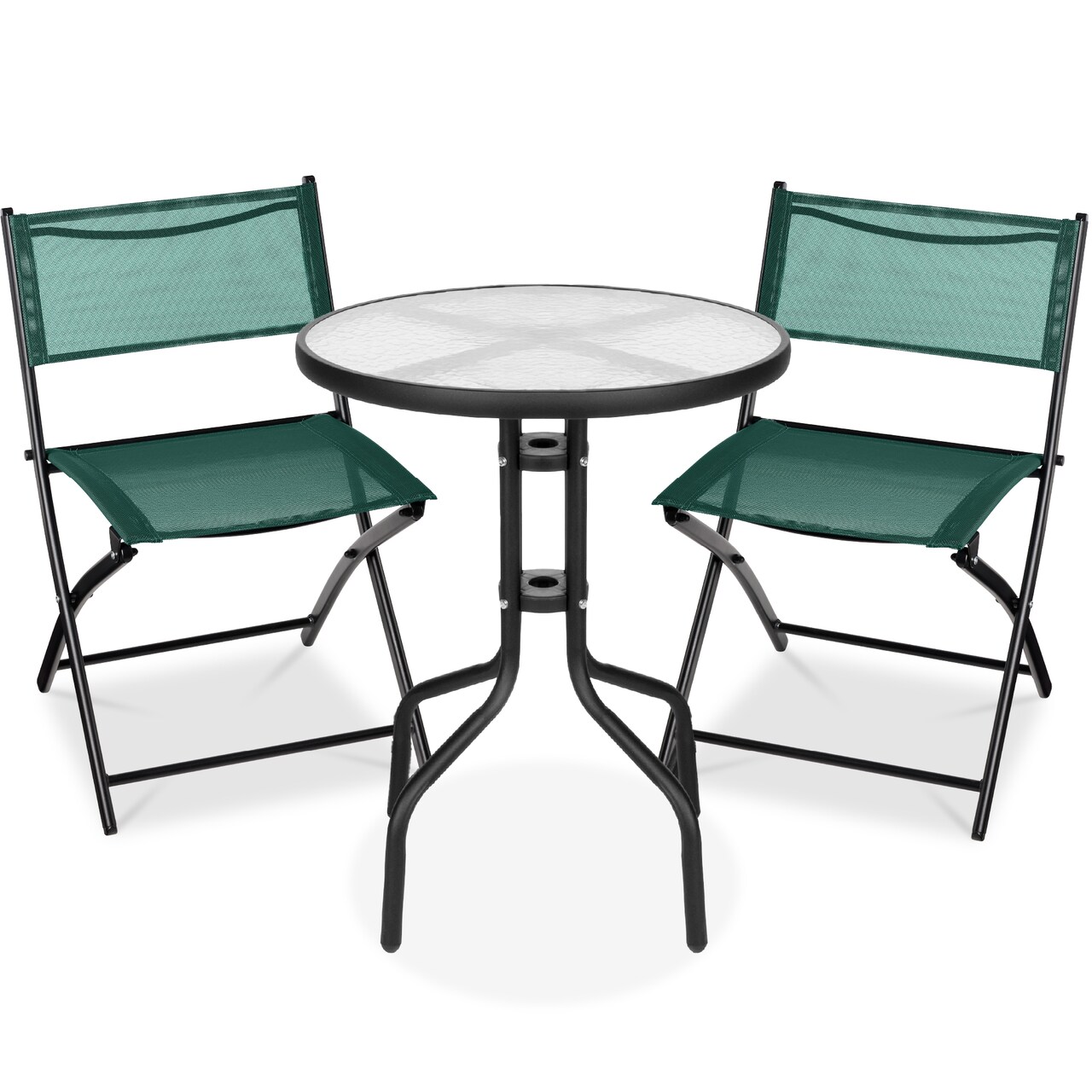 Best Choice Products 3-Piece Patio Bistro Dining Furniture Set w/ Round Textured Glass Tabletop, Folding Chairs